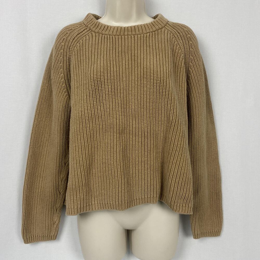 Quince Sweater Womens Large Camel Organic Cotton Fisherman Crew Chunky Knit Boxy